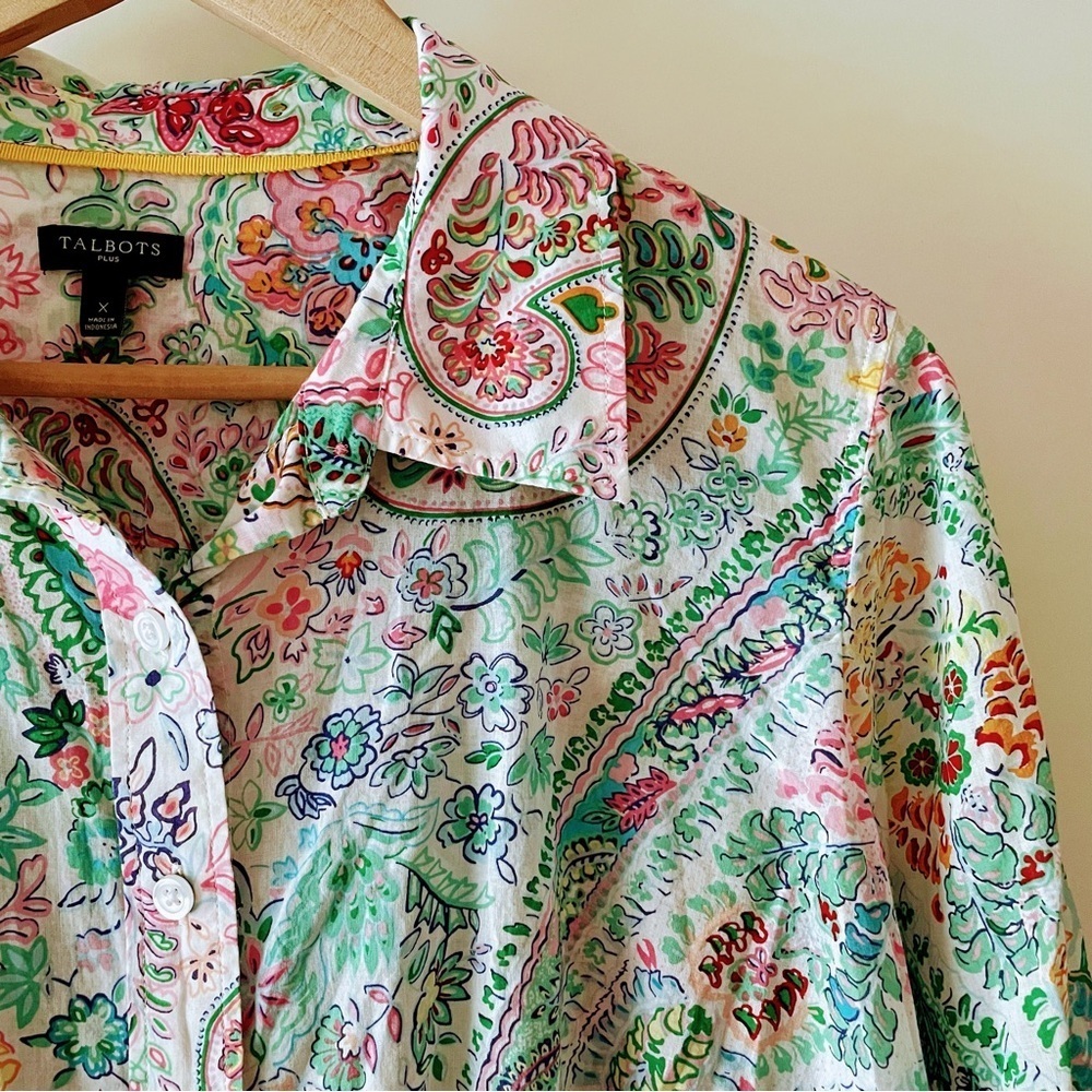 Talbots Pink & Green Paisley Floral Button Down Collared Cotton Shirt Size X